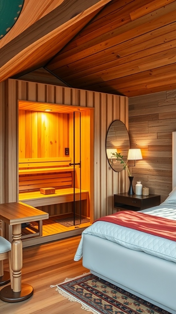 A cozy bedroom featuring a unique sauna design with wooden accents and a glass door.