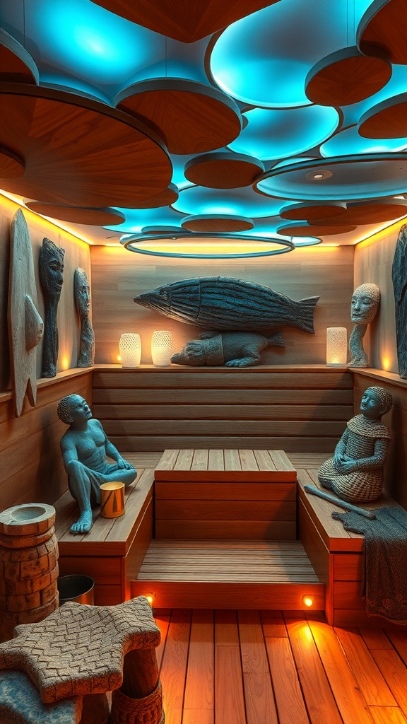 A cozy sauna with wooden walls, soft lighting, and unique sculptures, creating a relaxing atmosphere.