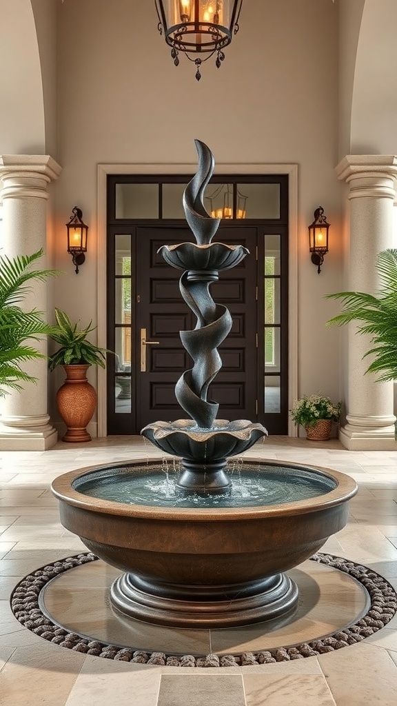 A multi-tiered sculptural fountain with a figure at the top, surrounded by plants and flowers at an entryway.