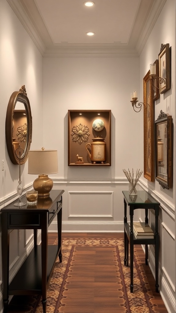 A hallway with a shadow box displaying a floral design and globe, surrounded by framed pictures and decorative items.