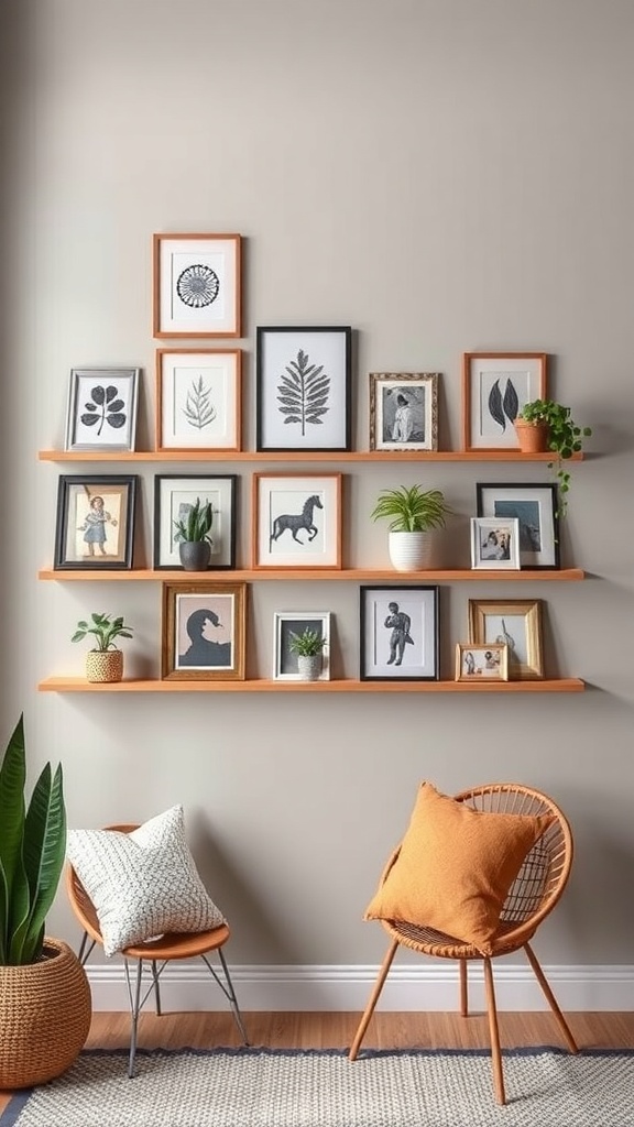 Stylish wooden shelves displaying framed art and photos with plants, creating a cozy atmosphere.