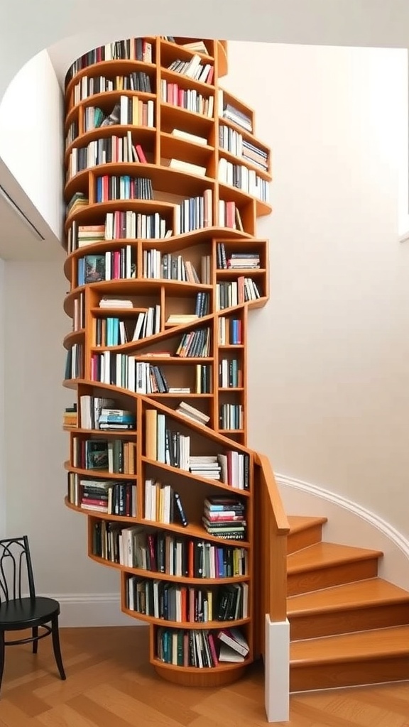A spiral bookshelf integrated into a staircase, showcasing books in a unique and artistic manner.