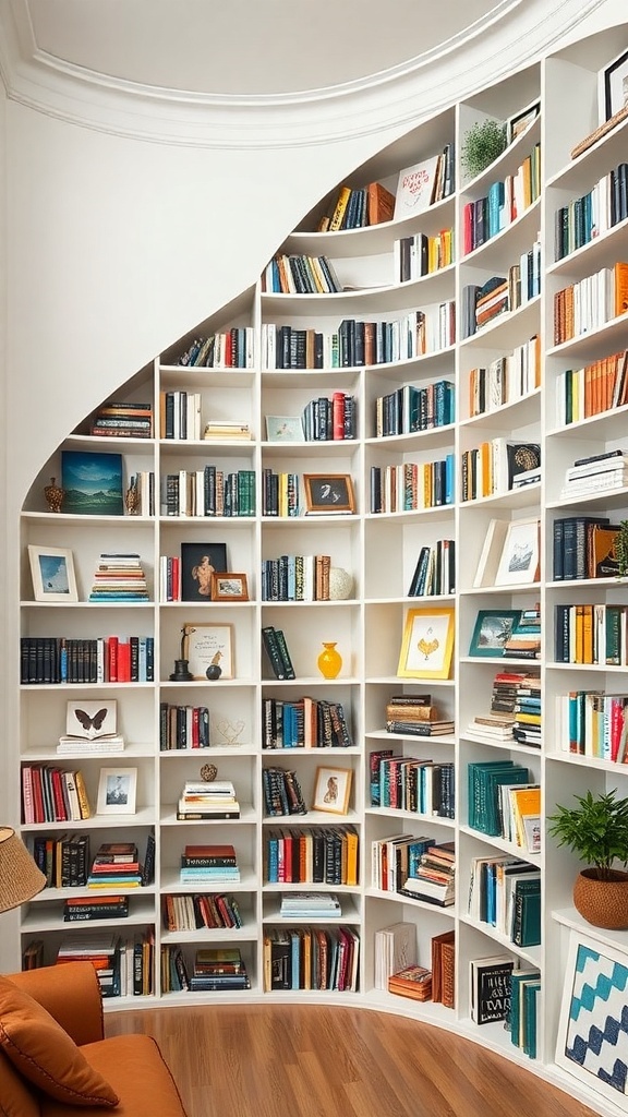 A modern spiral bookshelf filled with various books and decorative items, showcasing a unique design.