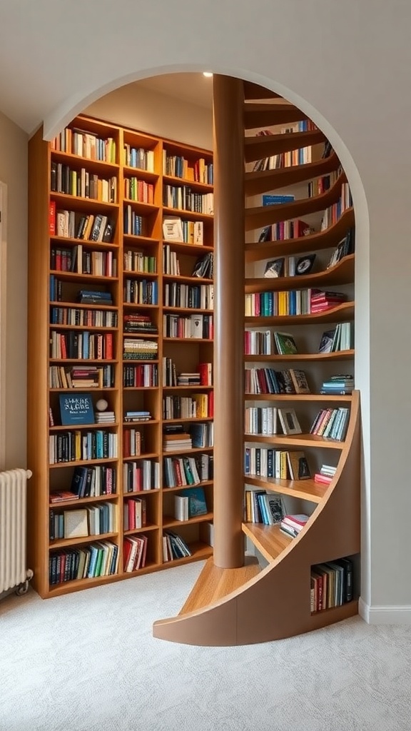 A spiral staircase integrated with bookshelves, showcasing a modern design with warm wooden tones.