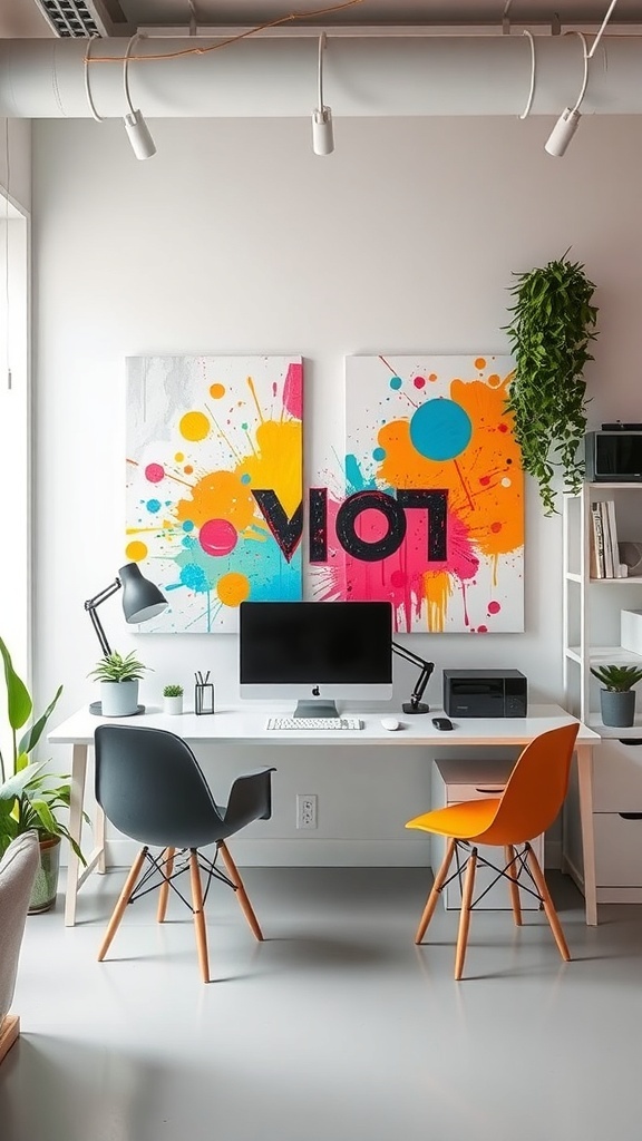 A modern workspace with colorful abstract paintings on the wall, featuring a desk, computer, and plants.