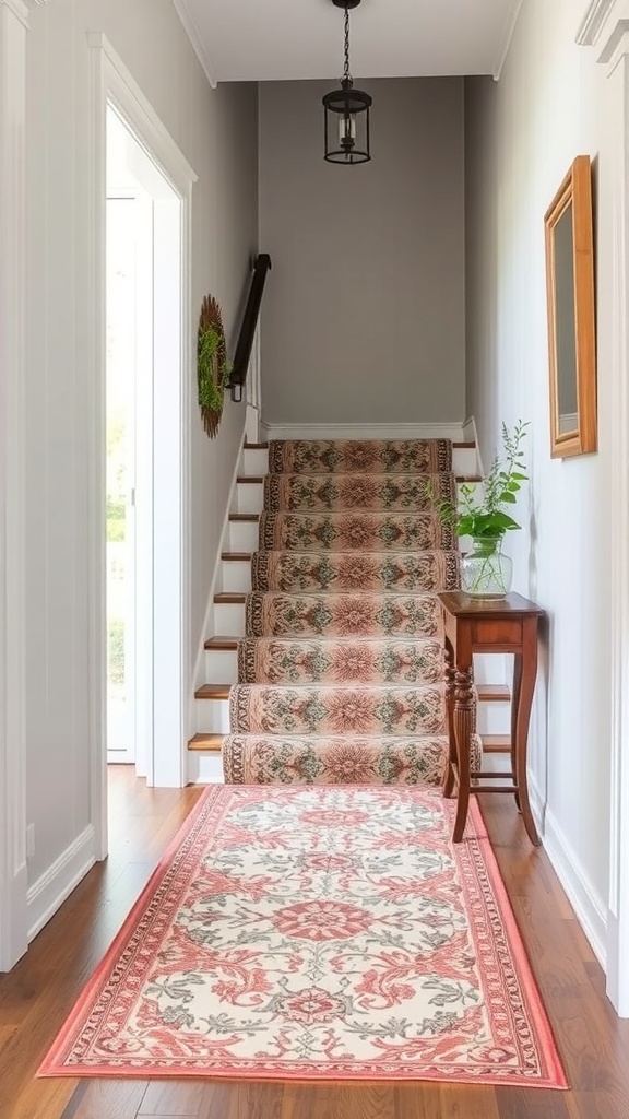 A beautifully decorated staircase with an artistic runner and a welcoming hallway.