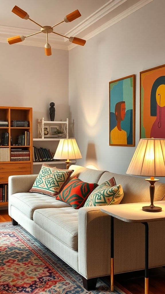 Cozy living room with artistic table lamps, colorful pillows, and wall art.