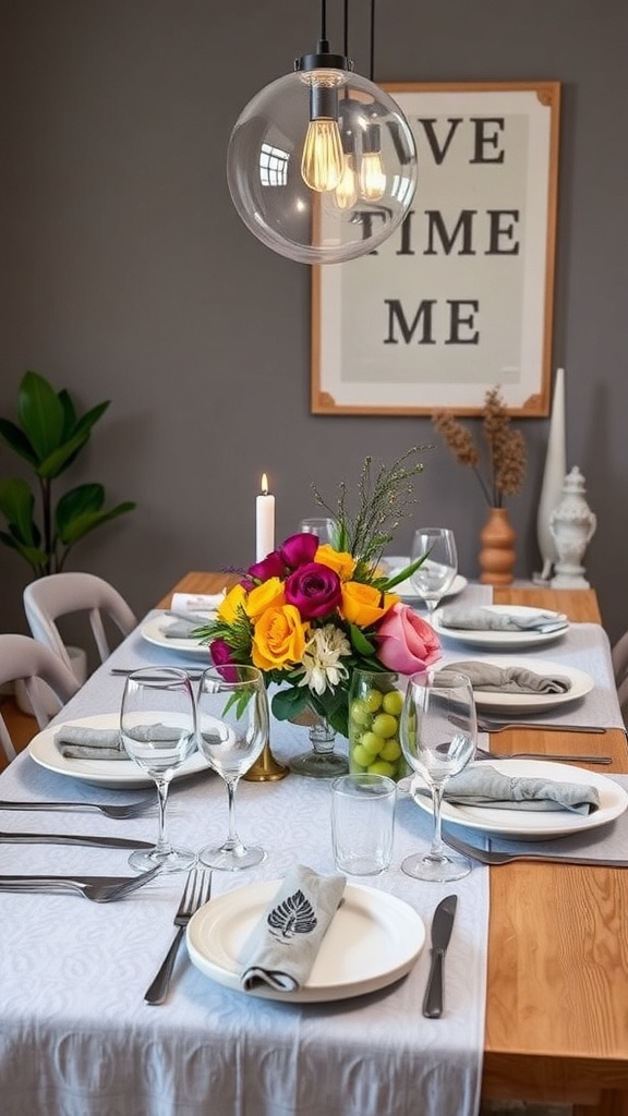 A stylish dining table setting featuring a colorful flower arrangement, elegant tableware, and warm lighting.