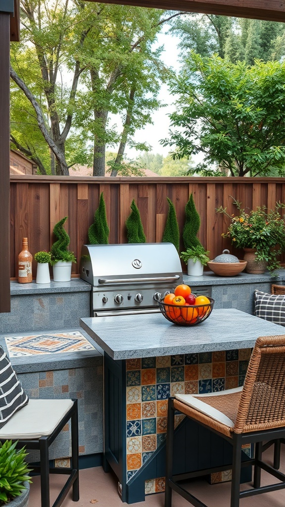 Outdoor grill corner with artistic tile accents and greenery