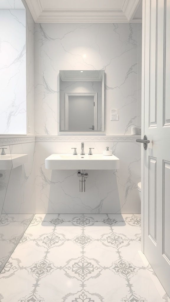 A modern bathroom featuring artistic tile patterns on the floor and sleek marble walls.