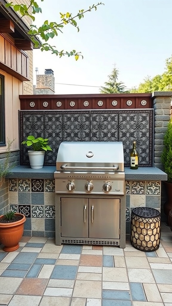 A stylish outdoor grill corner featuring artistic tile work, potted plants, and a modern grill.