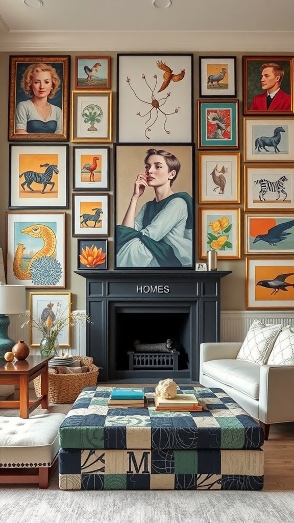 A stylish living room with a gallery wall filled with various framed artworks, featuring a modern sofa and coffee table.