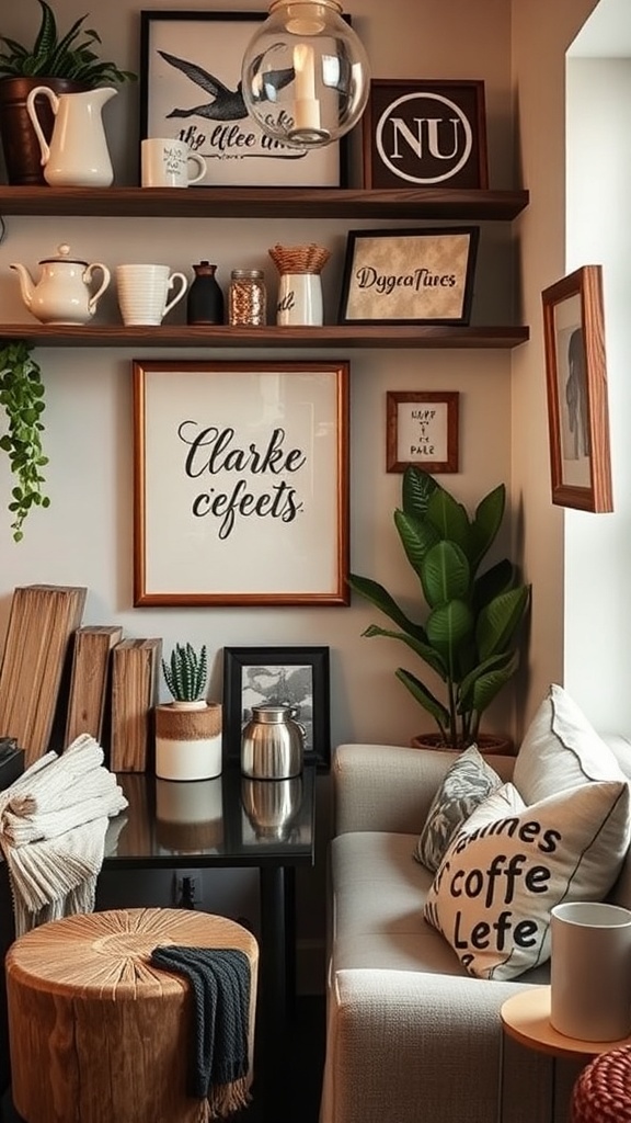 Cozy coffee nook with handcrafted elements, featuring wooden shelves, decorative teapots, and artistic wall art.