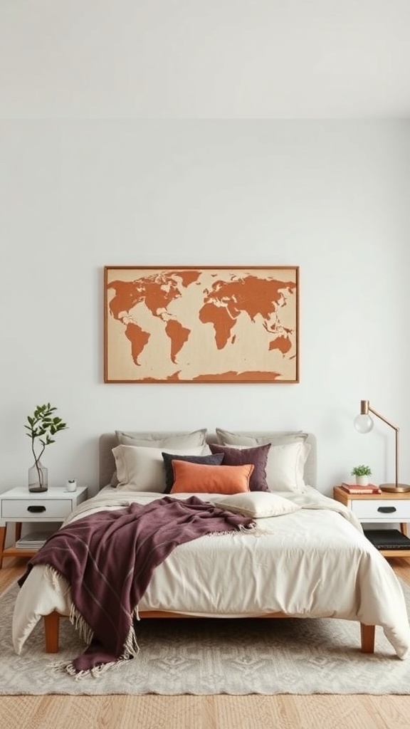 A stylish bedroom featuring a world map wall hanging above a neatly made bed with soft bedding.