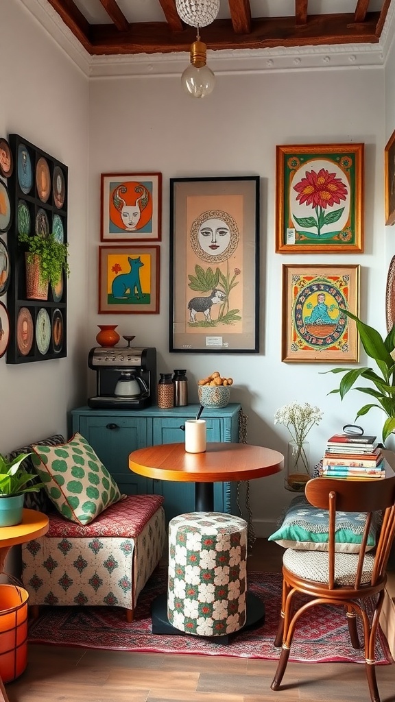 A cozy coffee nook with colorful mismatched decor, featuring art on the walls and comfortable seating.