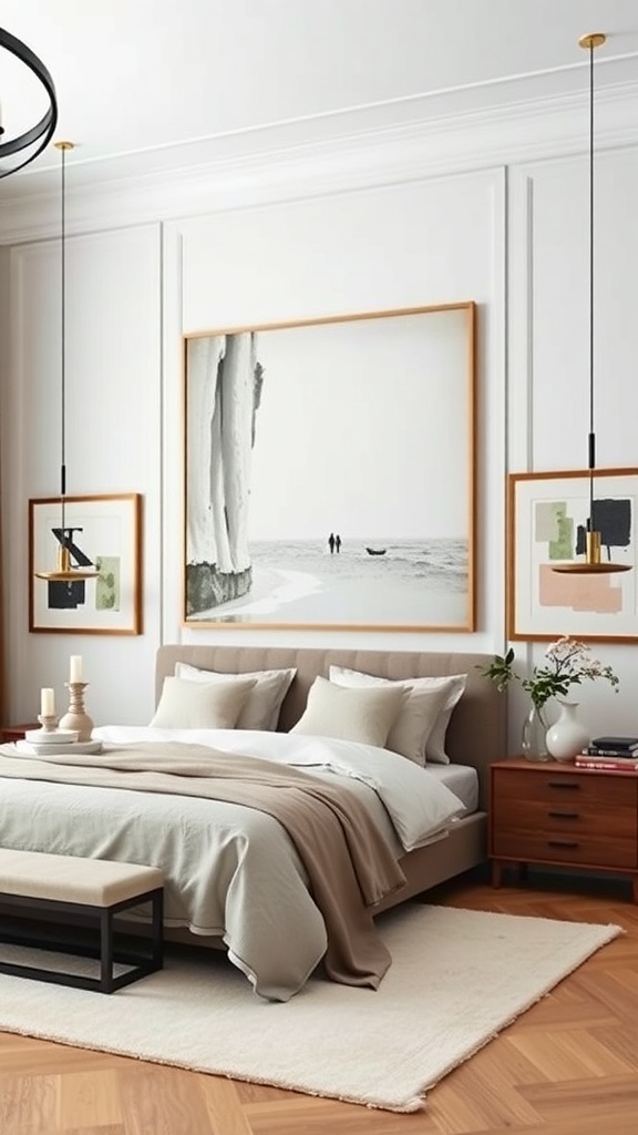 A modern bedroom featuring artistic wall art displays, including a large coastal scene and smaller abstract pieces, with stylish lighting.