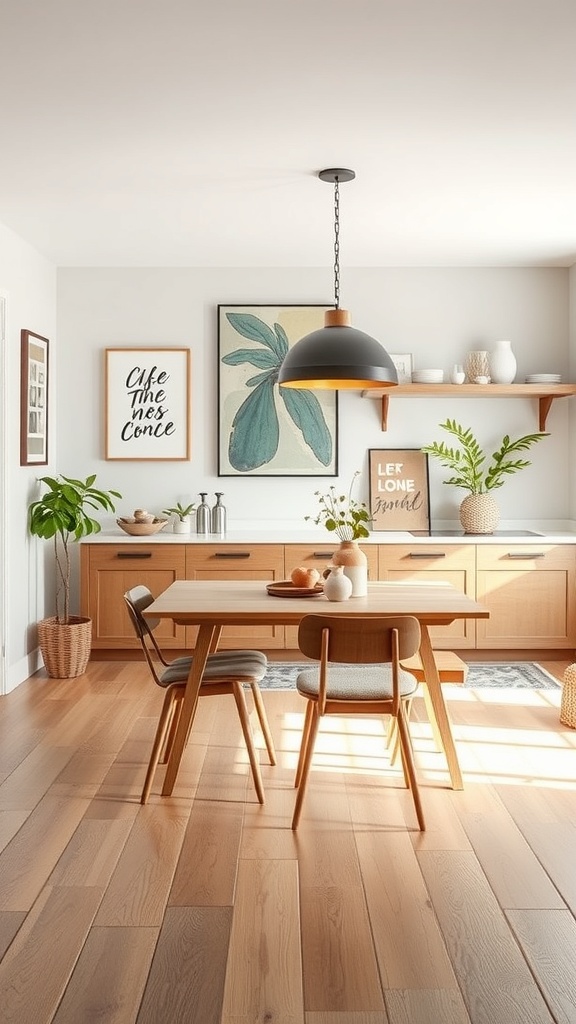 A stylish kitchen and dining area featuring artistic wall art displays.