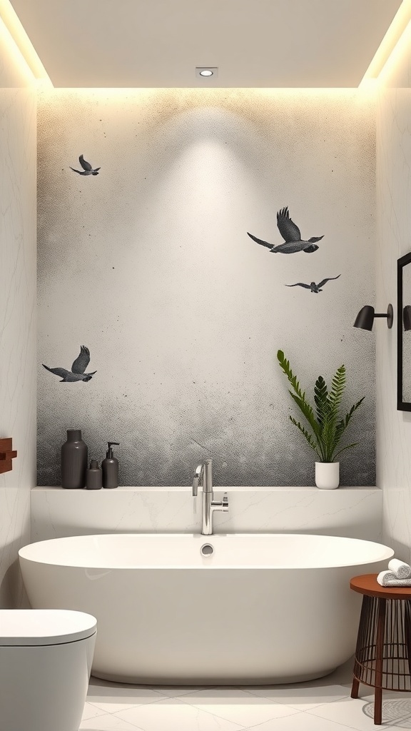 A modern bathroom featuring a mural of birds on the wall, a sleek bathtub, and minimalist decor.