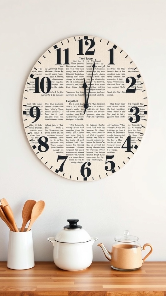 A vintage-style wall clock with a newspaper print design, hanging above a wooden countertop with kitchen utensils.
