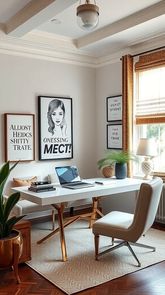 A modern home office featuring artistic wall decor with framed prints and a stylish desk.