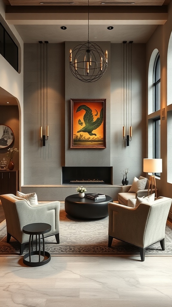 A cozy sunken lounge featuring artistic wall decor with a vibrant bird painting, soft lighting, and comfortable seating.