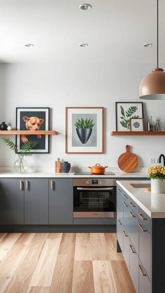 A modern Scandinavian kitchen featuring artistic wall decor with framed pictures and plants.