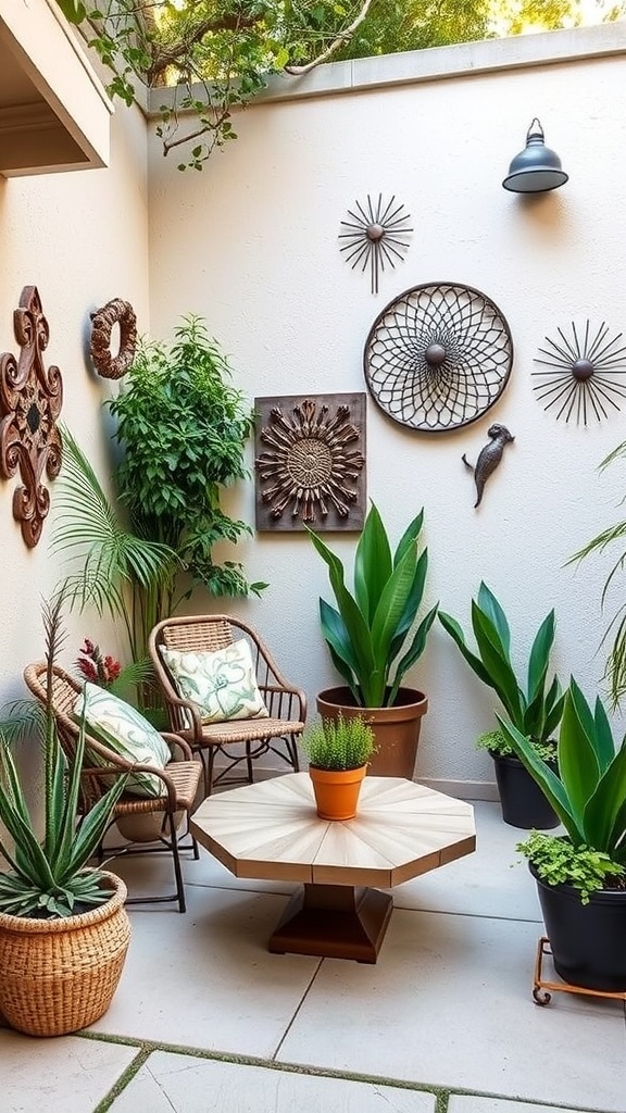 A cozy patio with artistic wall decor, featuring metal wall art, plants, and comfortable seating.