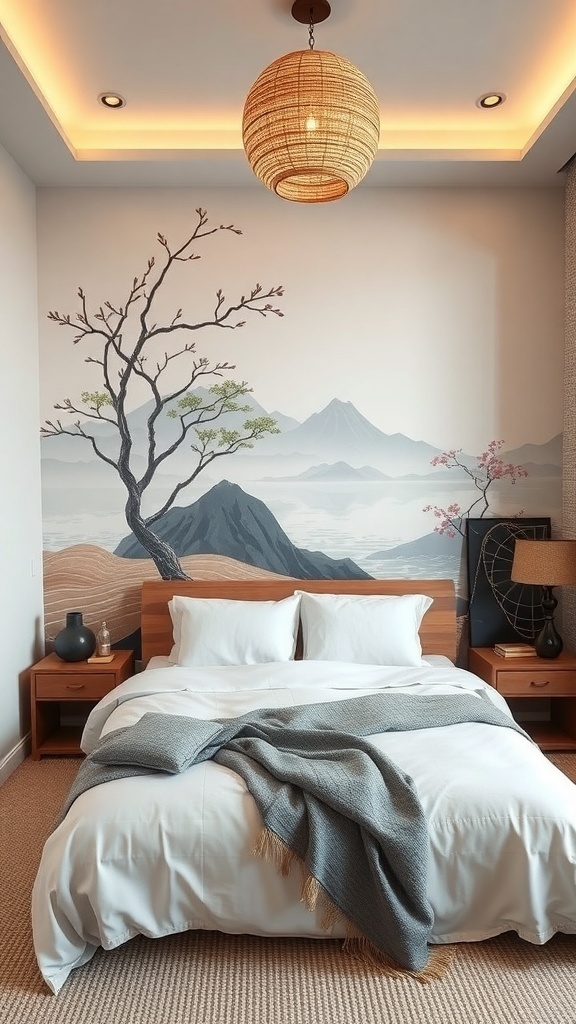 A serene bedroom featuring a mountain mural, wooden furniture, and soft lighting.
