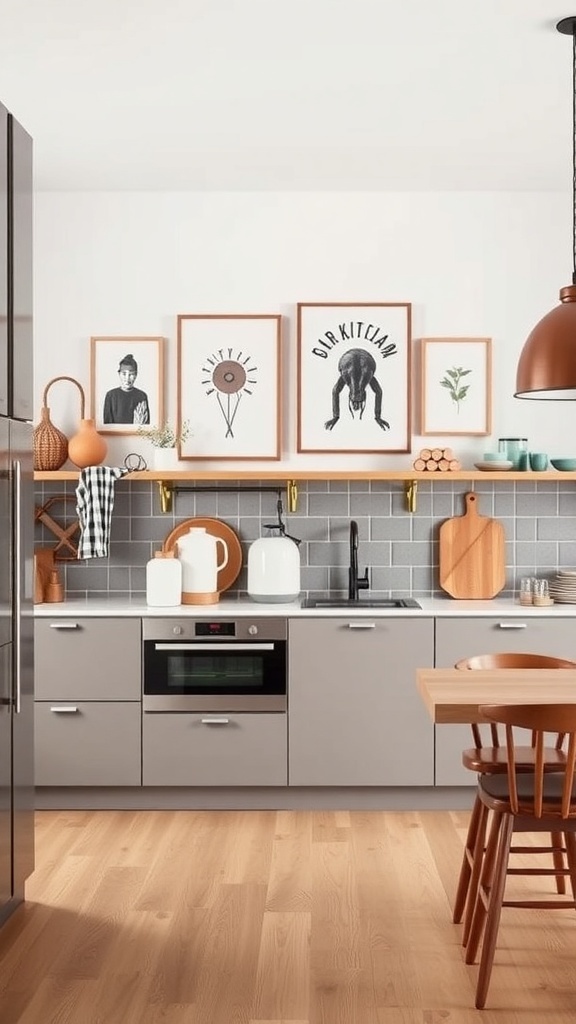 A modern Scandinavian kitchen featuring artistic wall decor with framed illustrations and a wooden shelf.