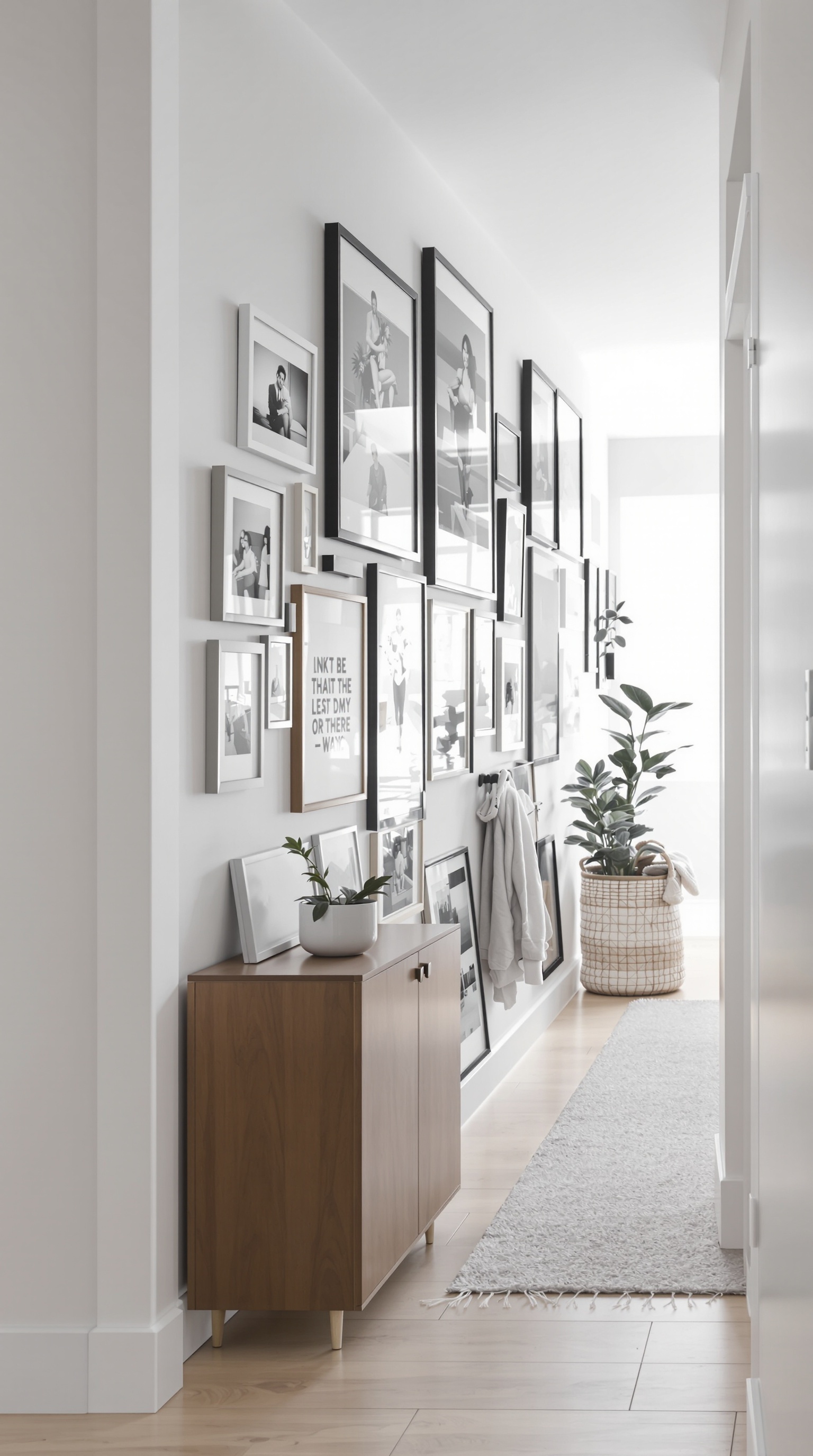 A bright hallway with framed art on the walls, featuring wooden frames and minimalist furniture.