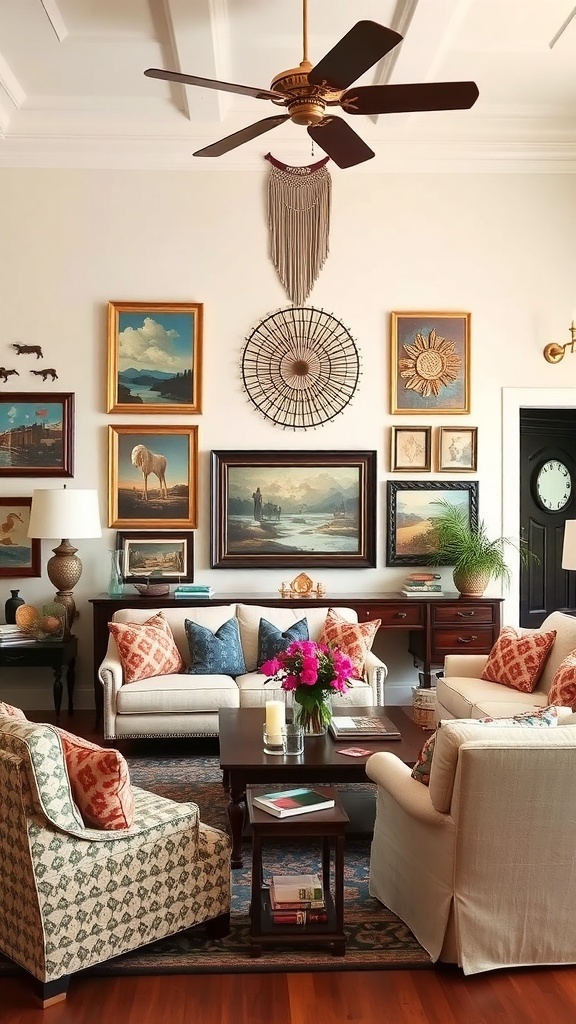 A cozy living room with artistic wall displays, large windows, and stylish furniture.