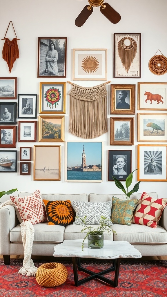 A cozy living room with an artistic wall display featuring a variety of framed art, photographs, and macramé, complemented by colorful cushions on the sofa.