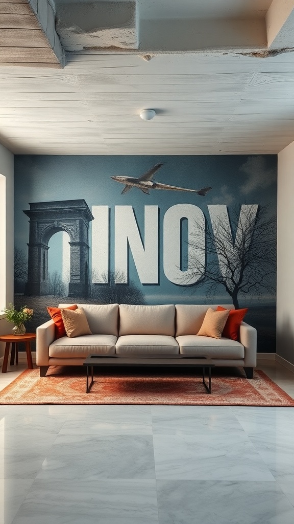 A sunken couch space with a large artistic wall mural featuring bold text and a serene landscape.
