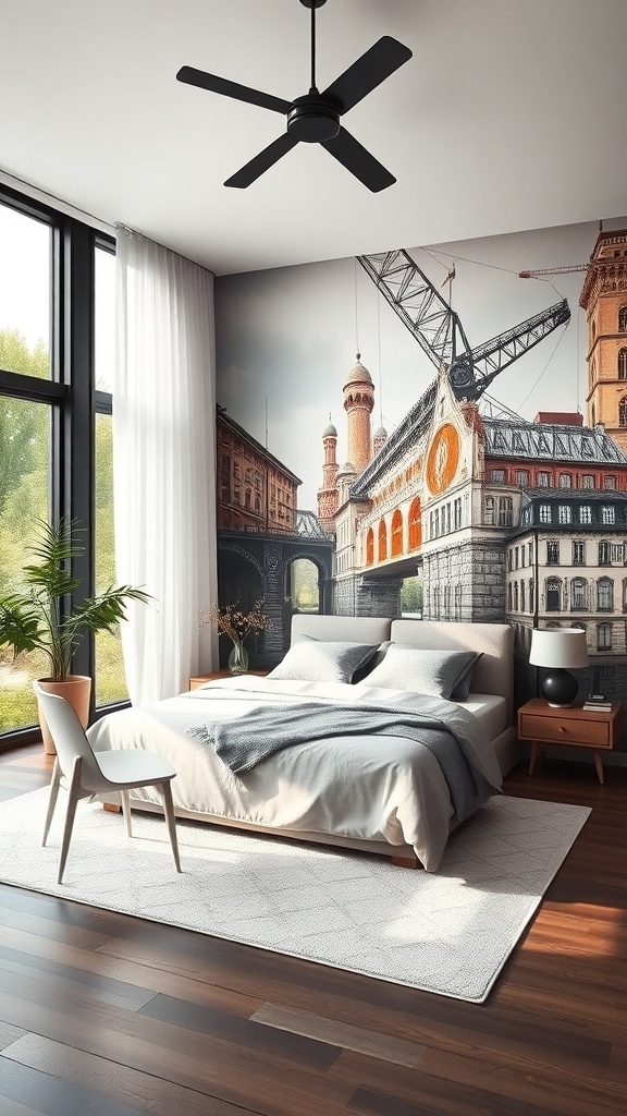 A bedroom featuring an artistic wall mural of a cityscape, with a bed, chair, and natural light.