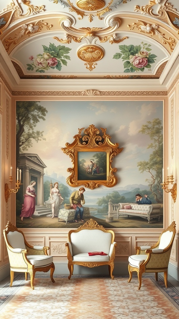 A luxurious Rococo interior featuring an artistic wall mural with elegant furniture.