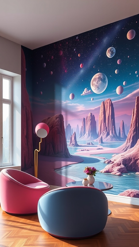 A modern room featuring a cosmic wall mural with planets and mountains, complemented by colorful chairs and a stylish lamp.