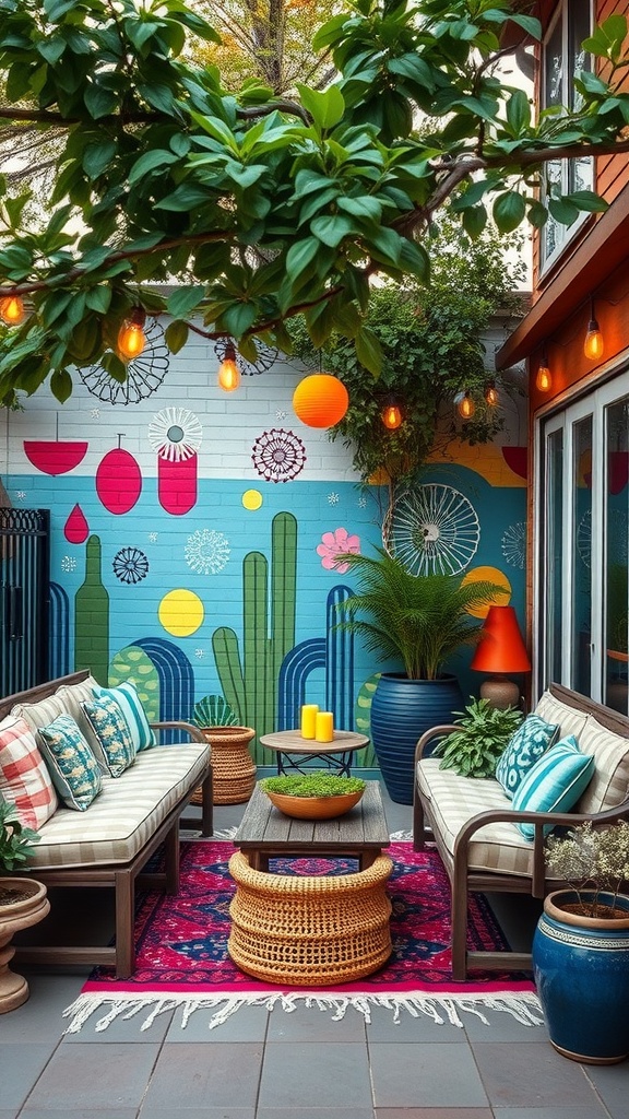 Colorful wall mural in a cozy outdoor patio setting with seating and plants.