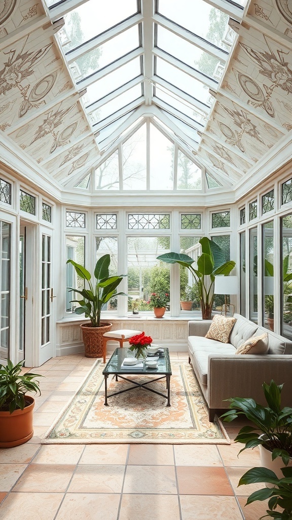 A bright conservatory with artistic wall treatments, featuring comfortable seating and plants.