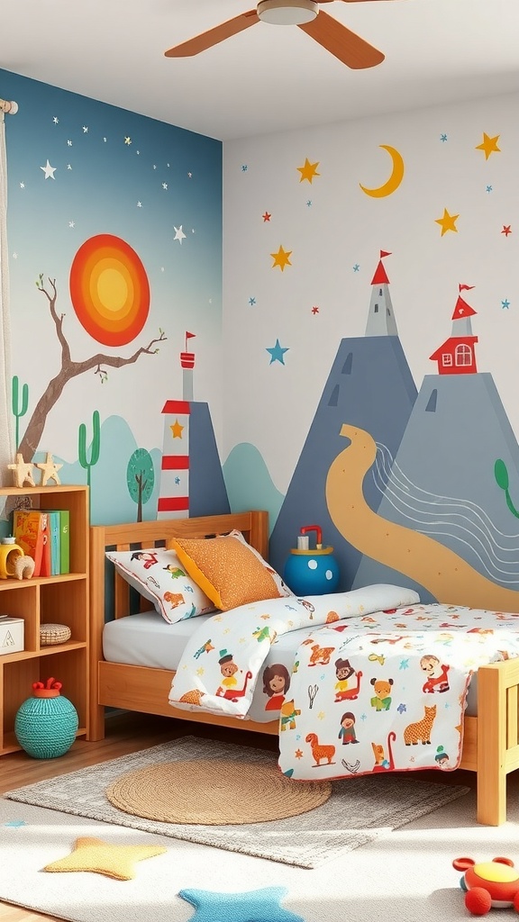 A colorful mural in a child's bedroom featuring trees, a sun, and playful animals.