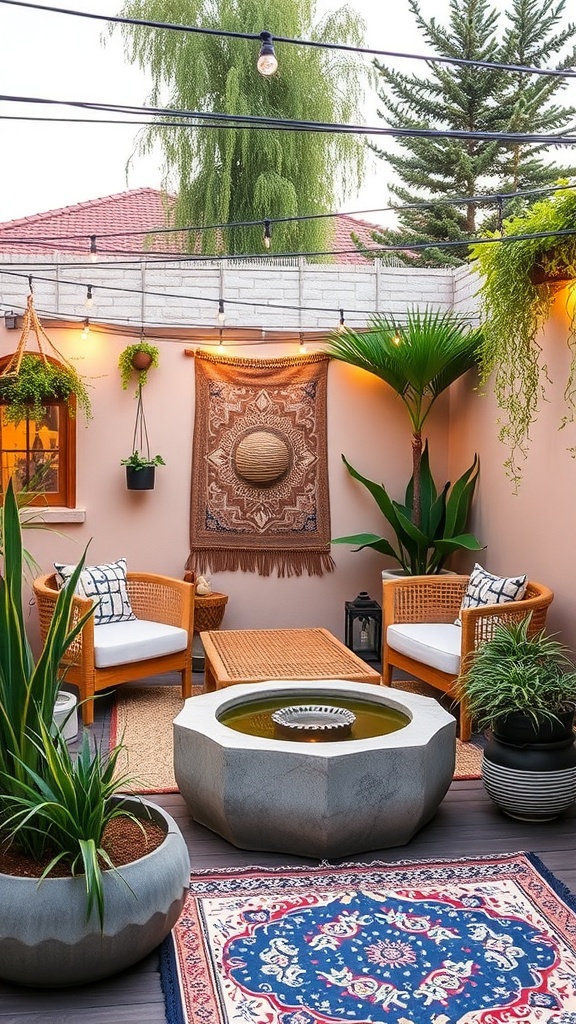 A cozy patio with a water feature, plants, and comfortable seating.