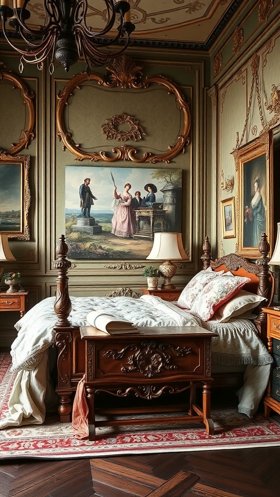 A beautifully decorated Rococo bedroom featuring elegant artwork and vintage decor.