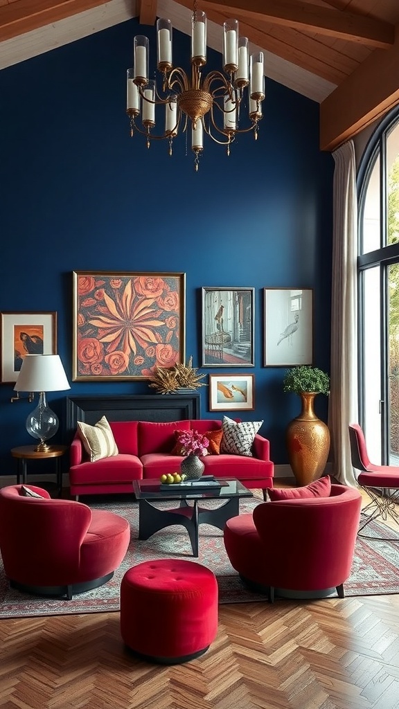 Living room with Aura Indigo accent wall, cherry red furniture, and elegant decor.
