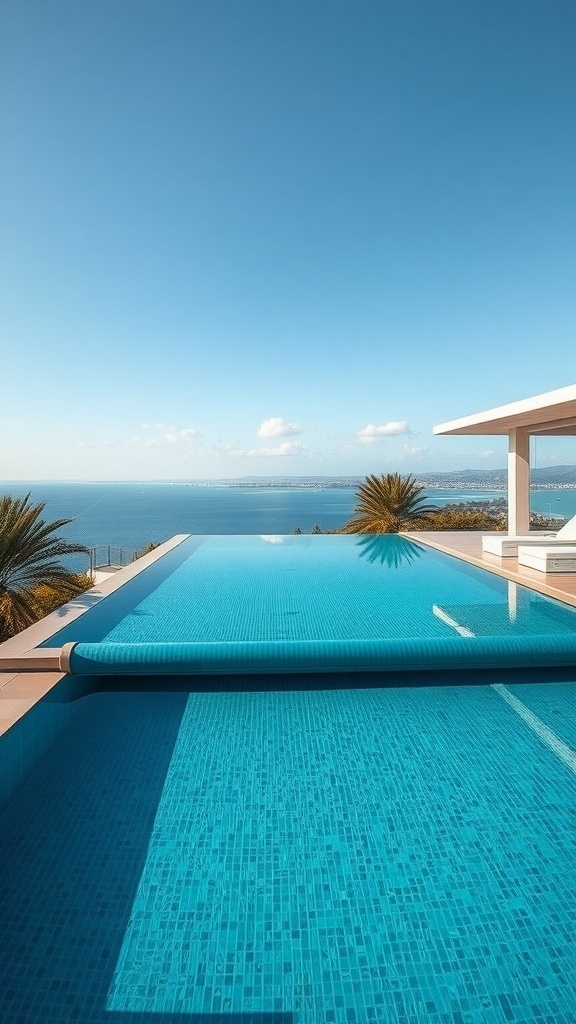 Ein Infinity-Pool mit automatisierter Abdeckung und Blick auf das Meer