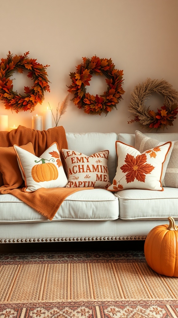 A cozy living room with autumn-themed throw pillows on a sofa, featuring pumpkins and leaf designs.