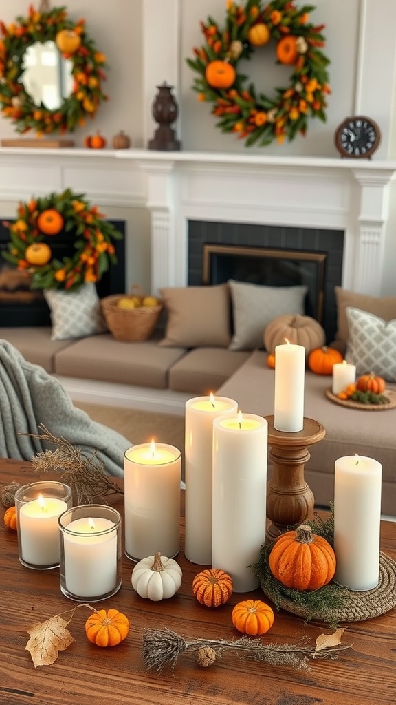 A cozy autumn scene featuring various candles and pumpkins on a wooden table.
