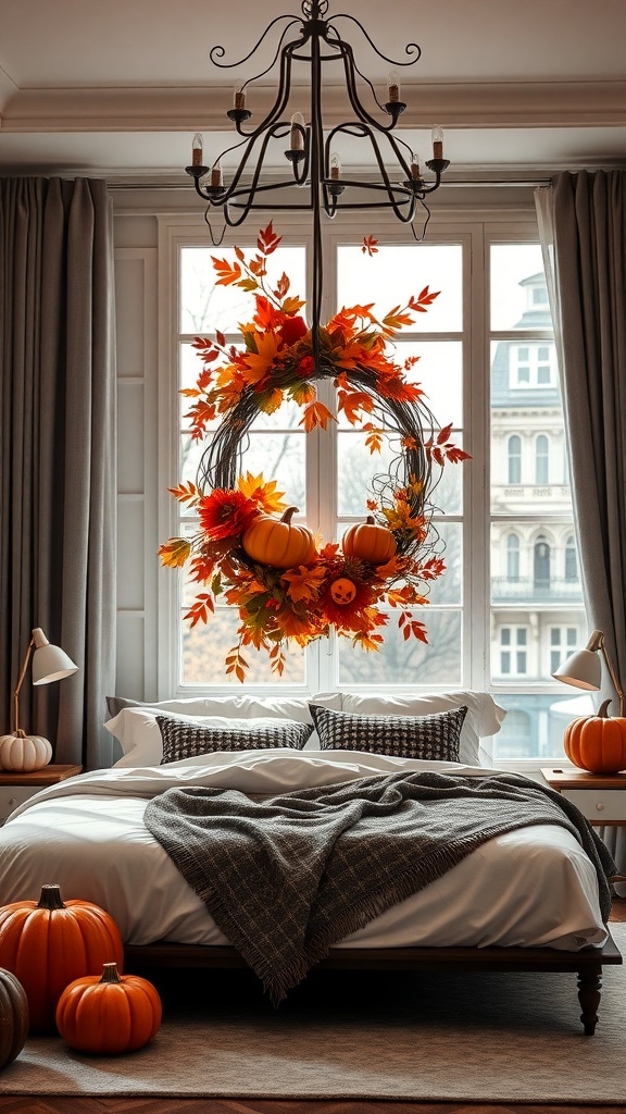 Herbstlicher Kranz mit bunten Blättern und Kürbissen in einem Schlafzimmer