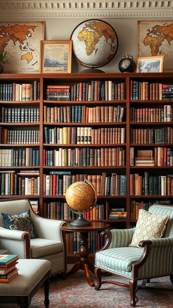 Ein Bücherregal mit alten Büchern, einem antiken Globus und Karten, umgeben von gemütlichen Sesseln.