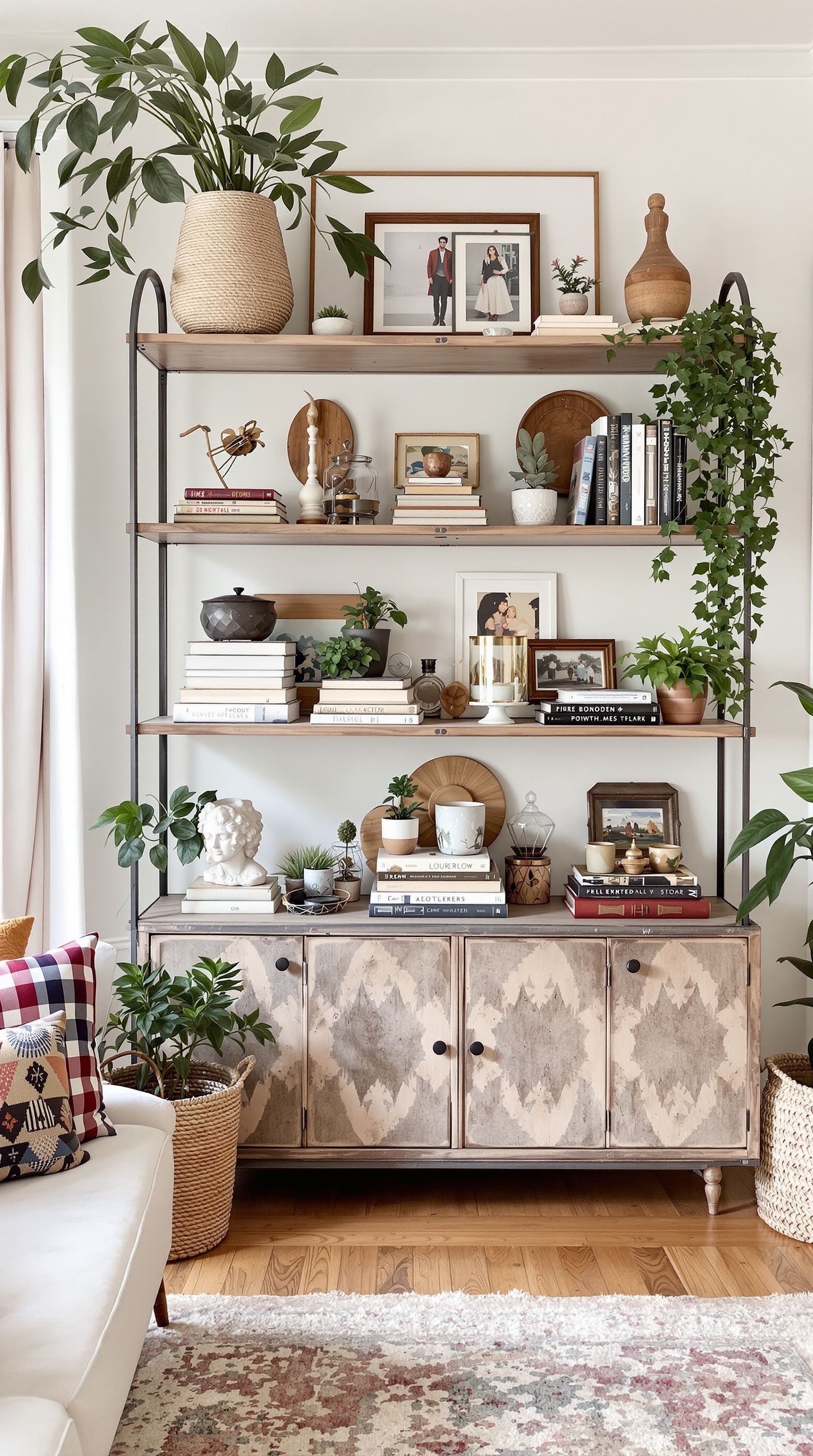 Ein stilvolles Bücherregal aus dunklem Holz mit bunten Büchern und dekorativen Elementen in einem gemütlichen Wohnzimmer.