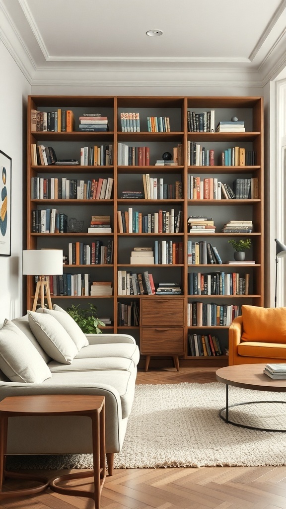 Ein Wohnzimmer mit einem skandinavisch inspirierten Bücherregal, einem Sofa, einem Sessel und einem runden Tisch.