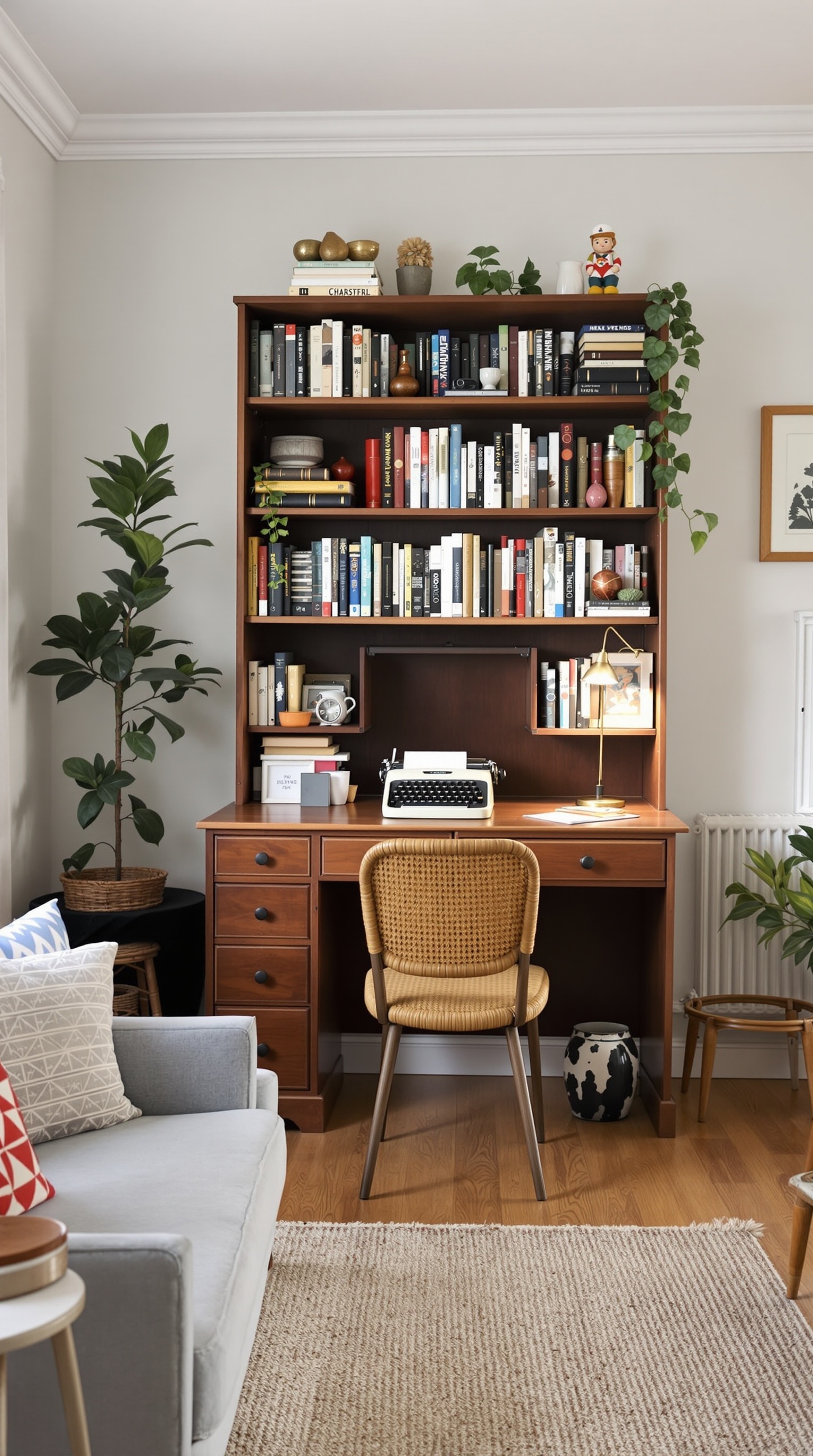 Ein Holzregal mit vielen Büchern und einem integrierten Arbeitsplatz, der einen Schreibtischstuhl und eine Tischlampe zeigt.